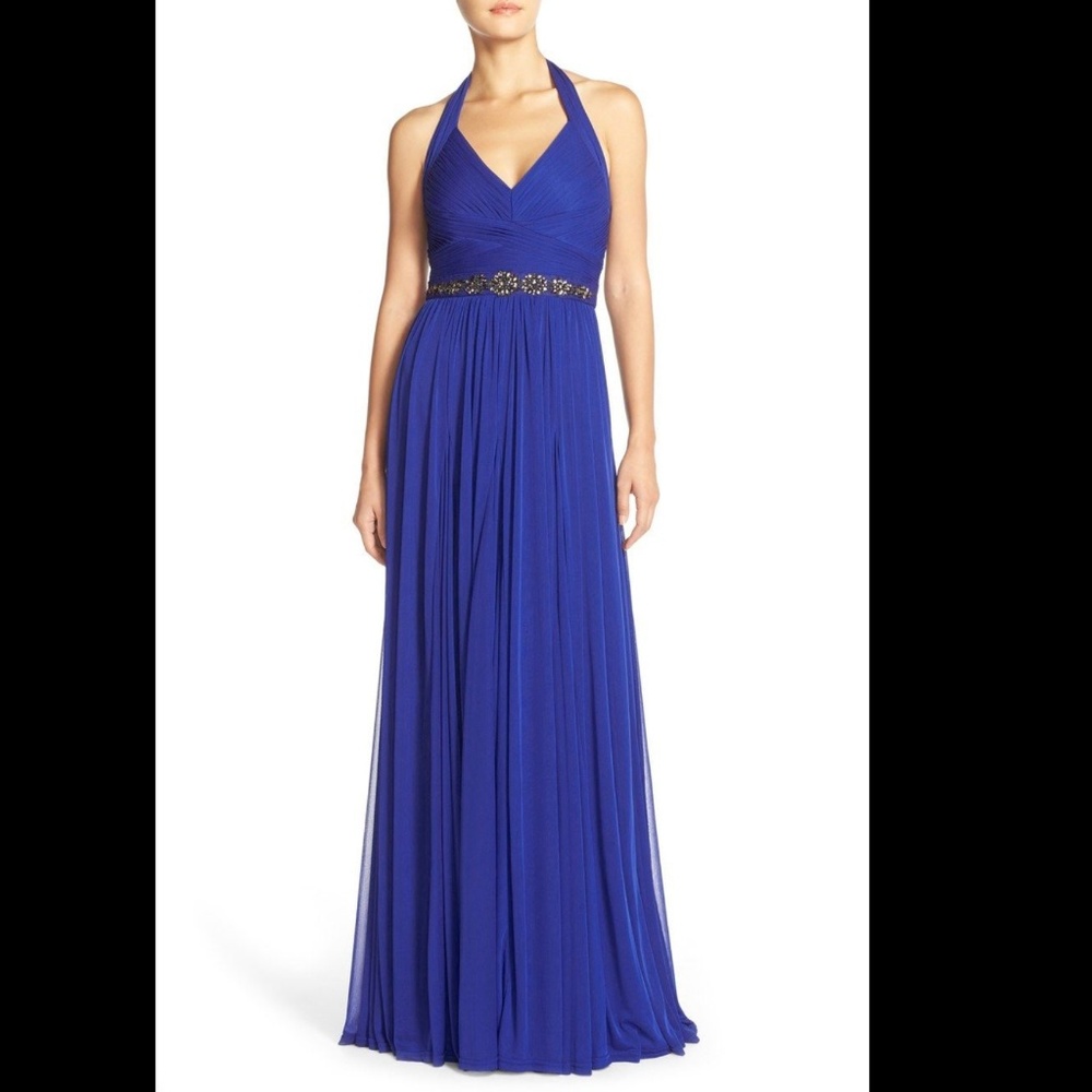 NEW Adrianna Papell Embellished Tulle Halter Gown